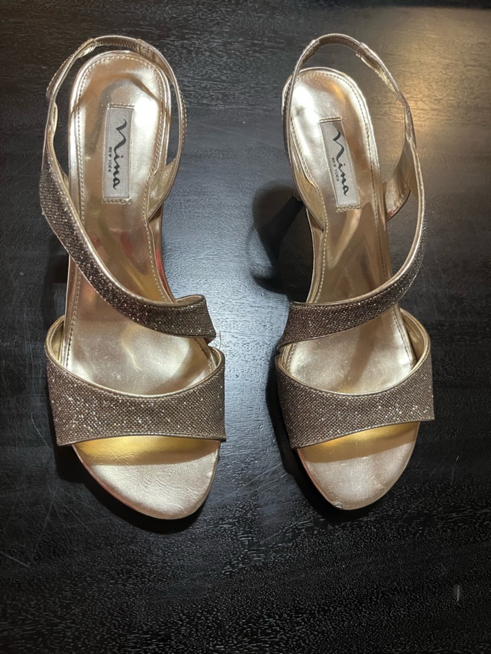 Nina Newark Gold Glitter Slingback Heel Sandals — 9.5M